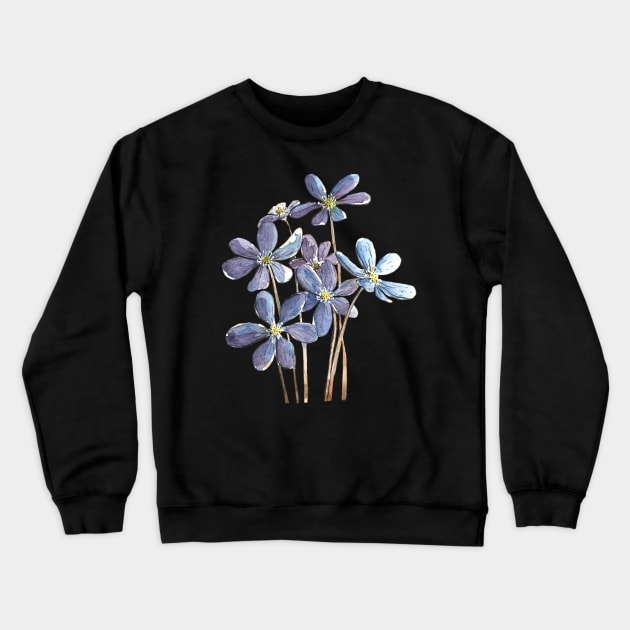 Hepatica Flowers Watercolor Painting Crewneck Sweatshirt by Ratna Arts